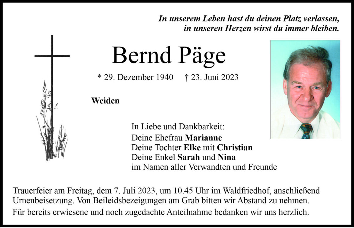 Traueranzeige Bernd Päge, Weiden