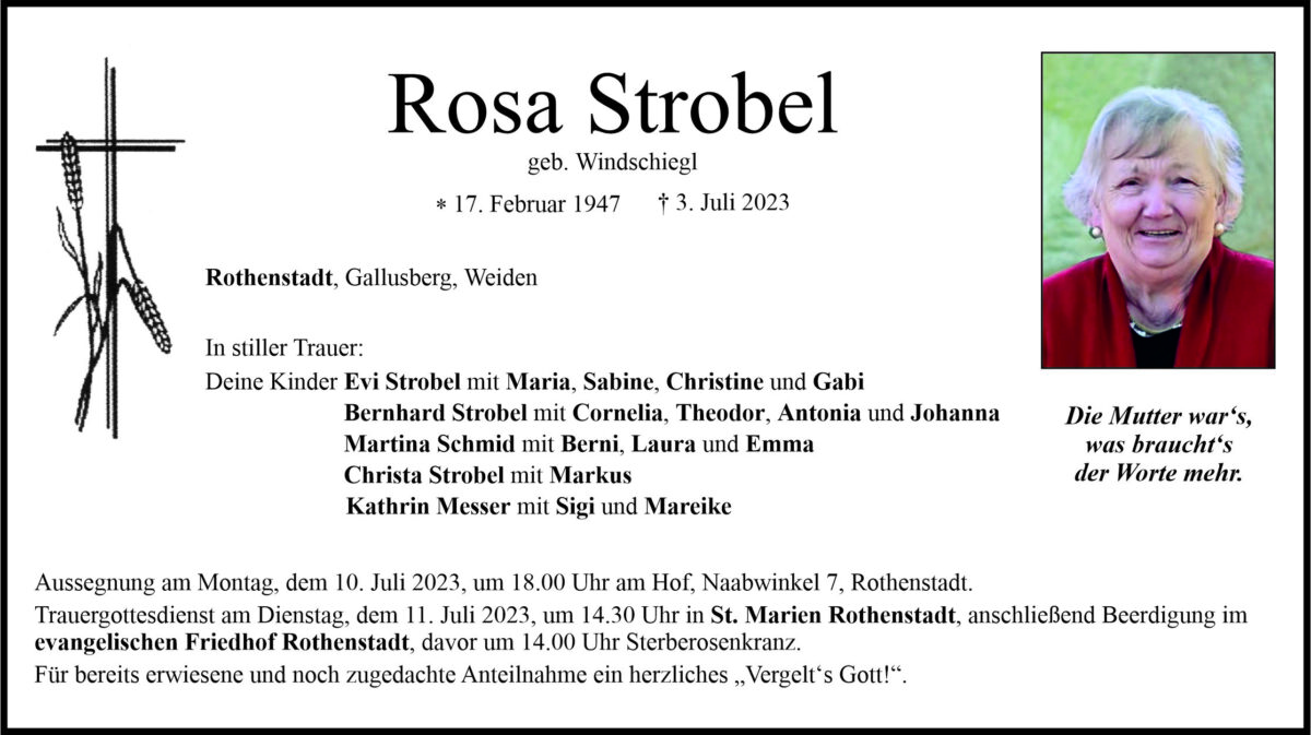 Traueranzeige Rosa Strobel, Rothenstadt