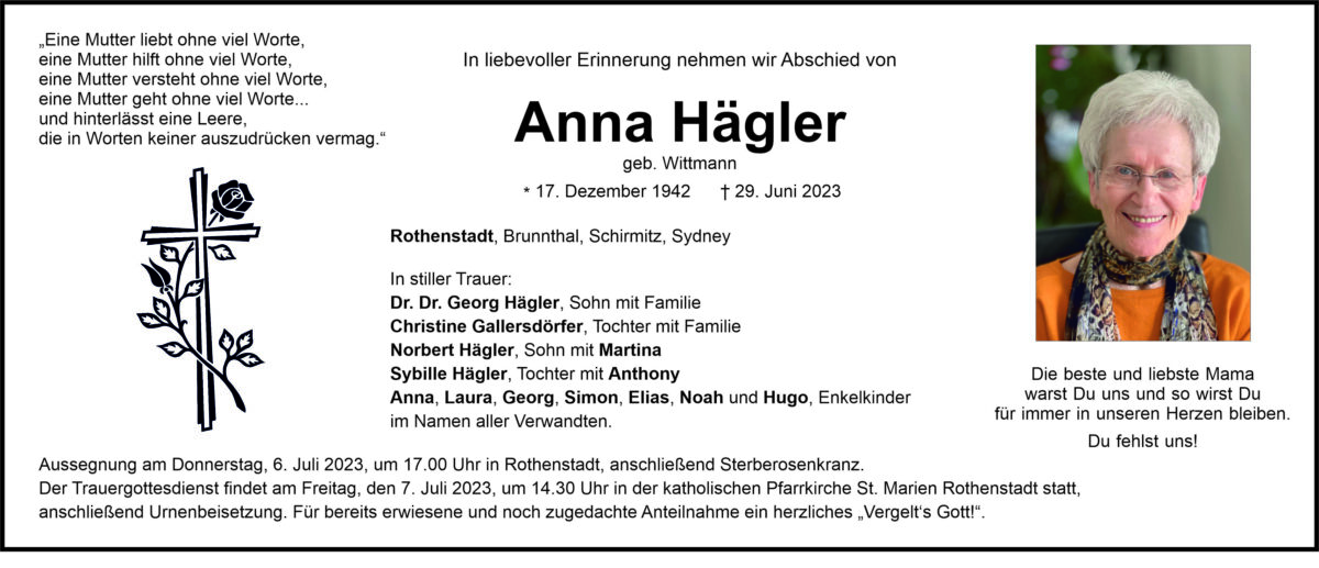 Traueranzeige Anna Hägler, Rothenstadt