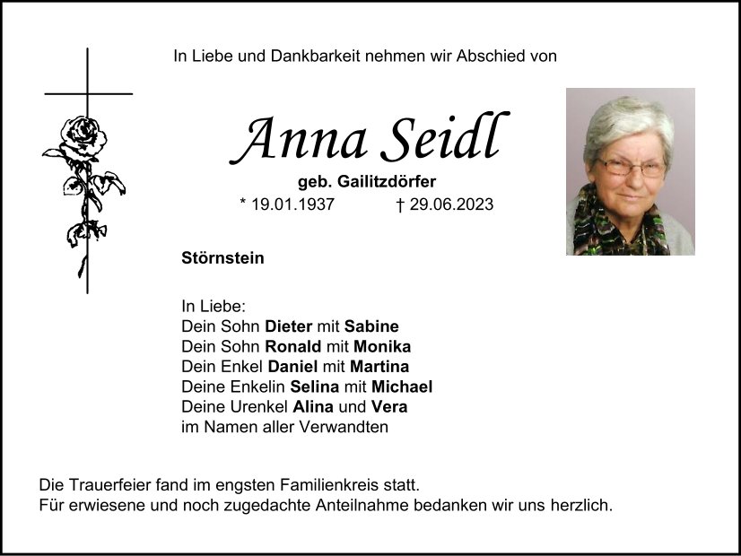 Traueranzeige Anna Seidl, Störnstein