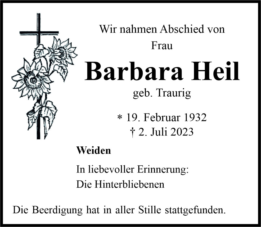Traueranzeige Barbara Heil, Weiden