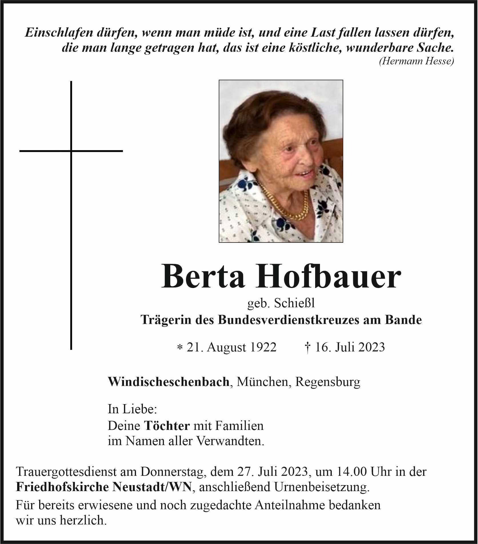Traueranzeige Berta Hofbauer, Windischeschenbach