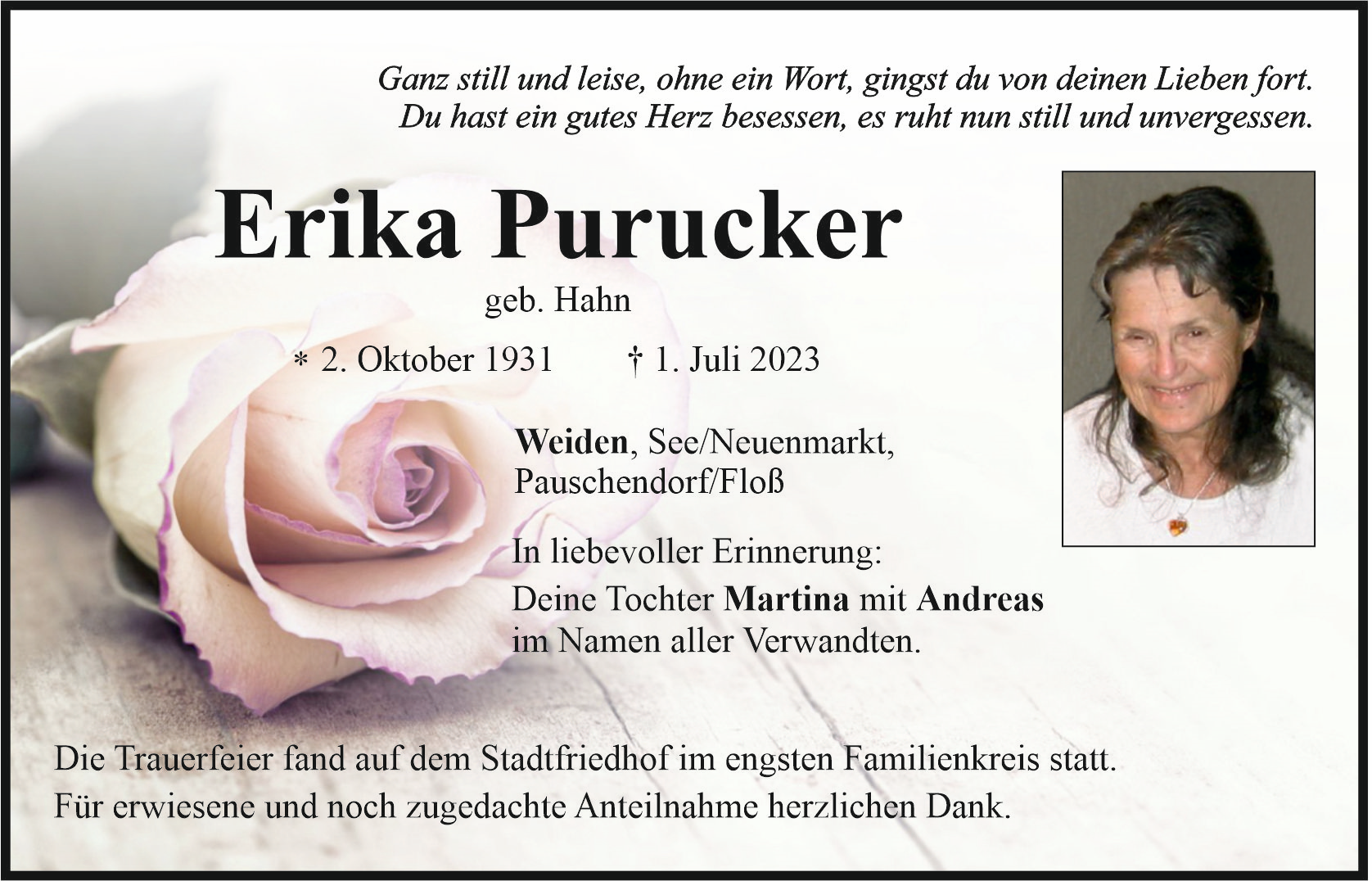 Traueranzeige Erika Purucker, Weiden