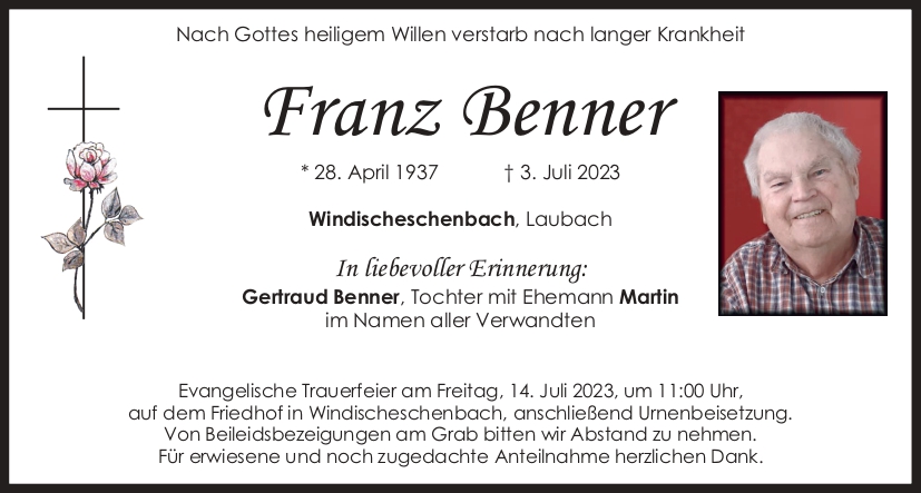 Traueranzeige Franz Benner, Windischeschenbach