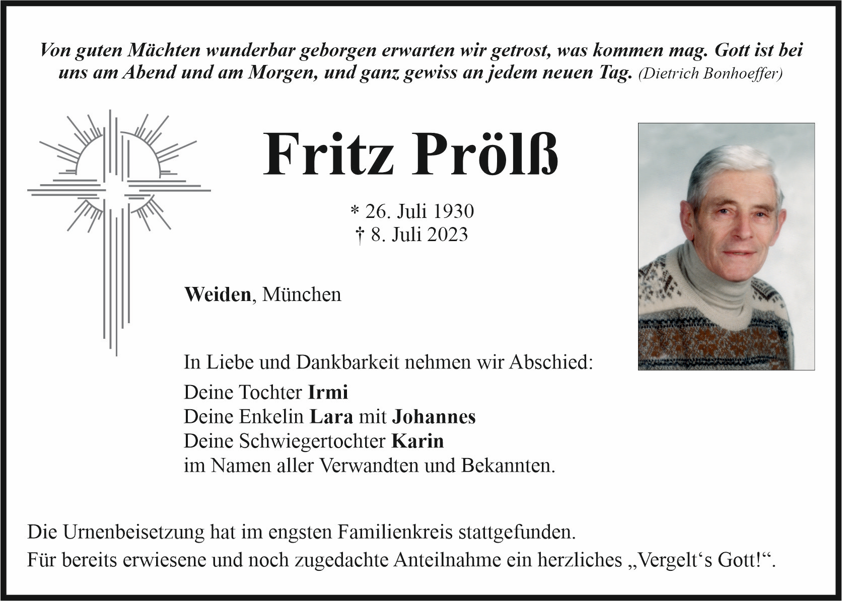 Traueranzeige Fritz Prölß, Weiden