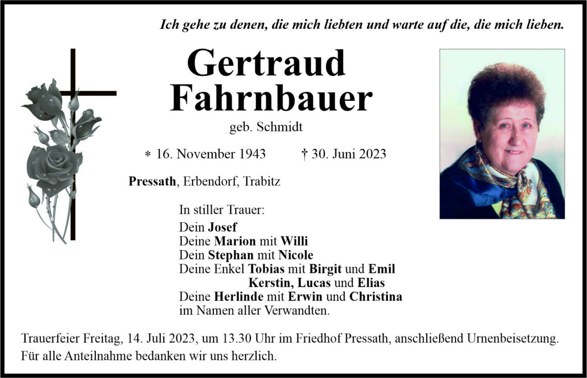 Traueranzeige Gertraud Fahrnbauer, Pressath
