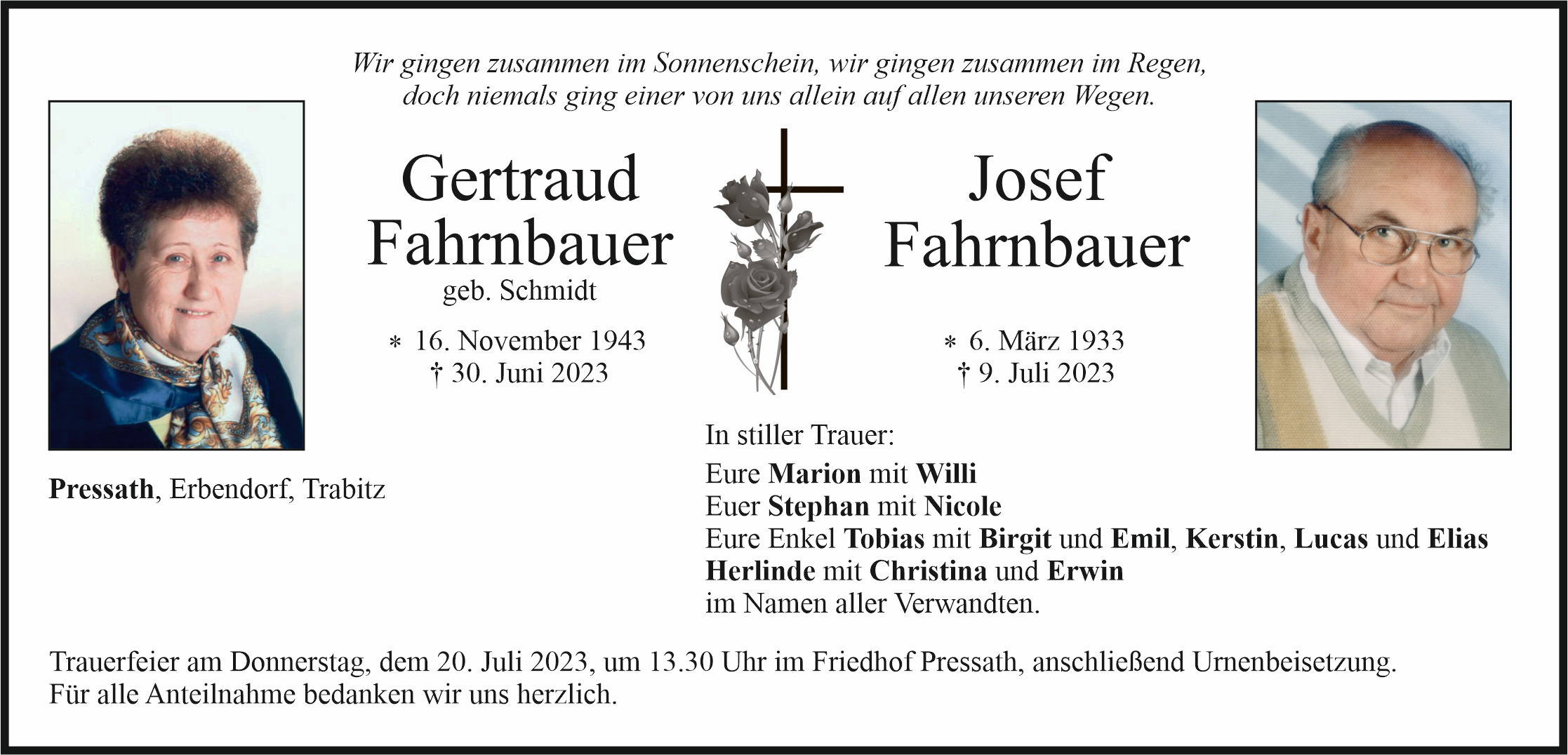 Traueranzeige Gertraud und Josef Fahrnbauer, Pressath
