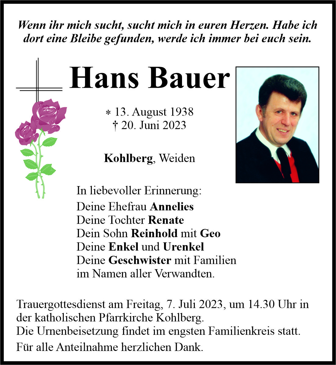 Traueranzeige Hans Bauer, Kohlberg