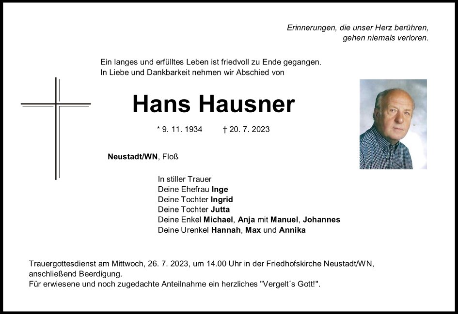 Traueranzeige Hans Hausner, Neustadt/WN
