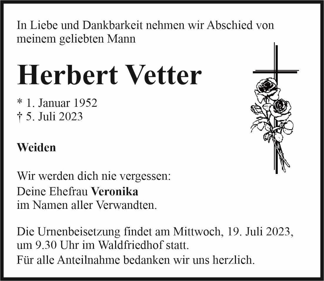 Traueranzeige Herbert Vetter, Weiden