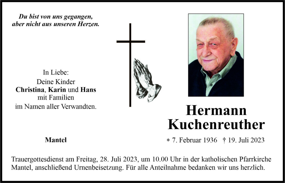 Traueranzeige Hermann Kuchenreuther, Mantel
