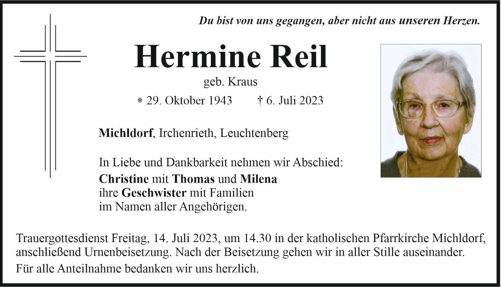 Traueranzeige Hermine Reil, Michldorf