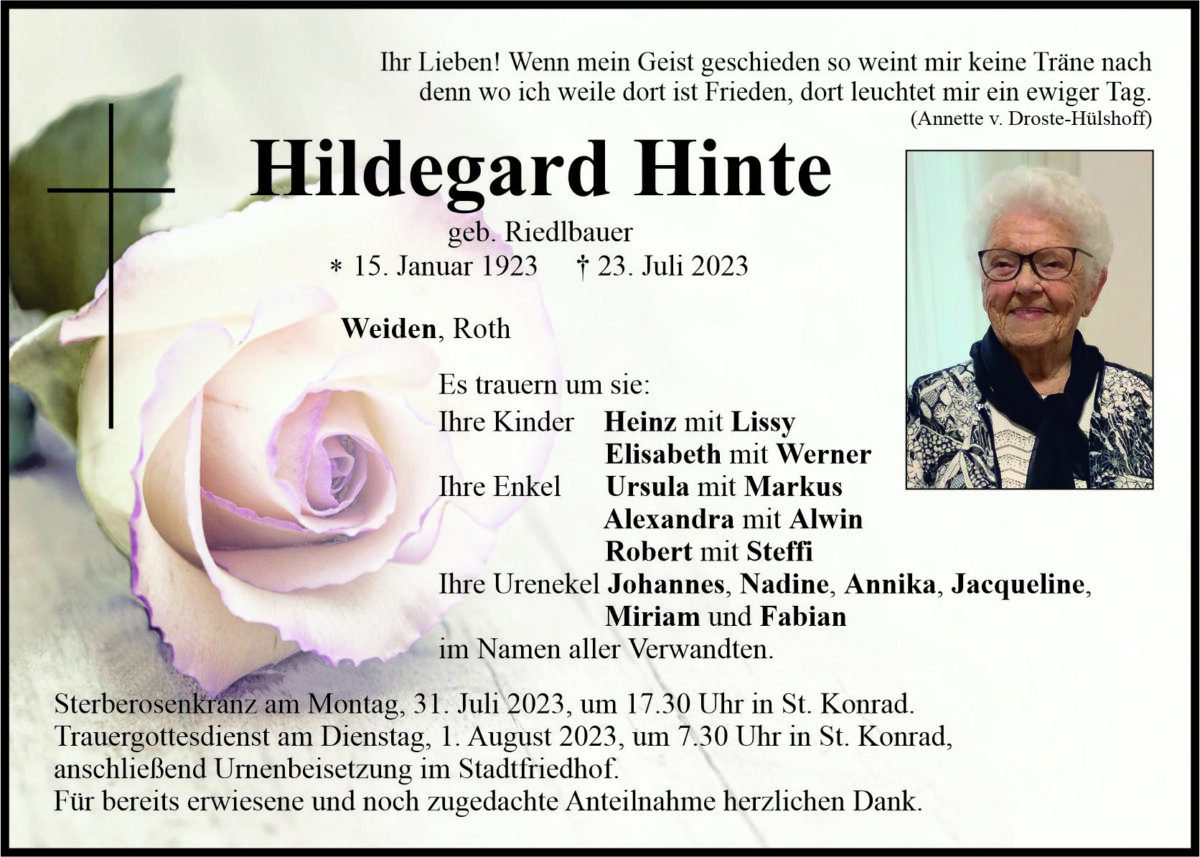 Traueranzeige Hildegard Hinte, Weiden