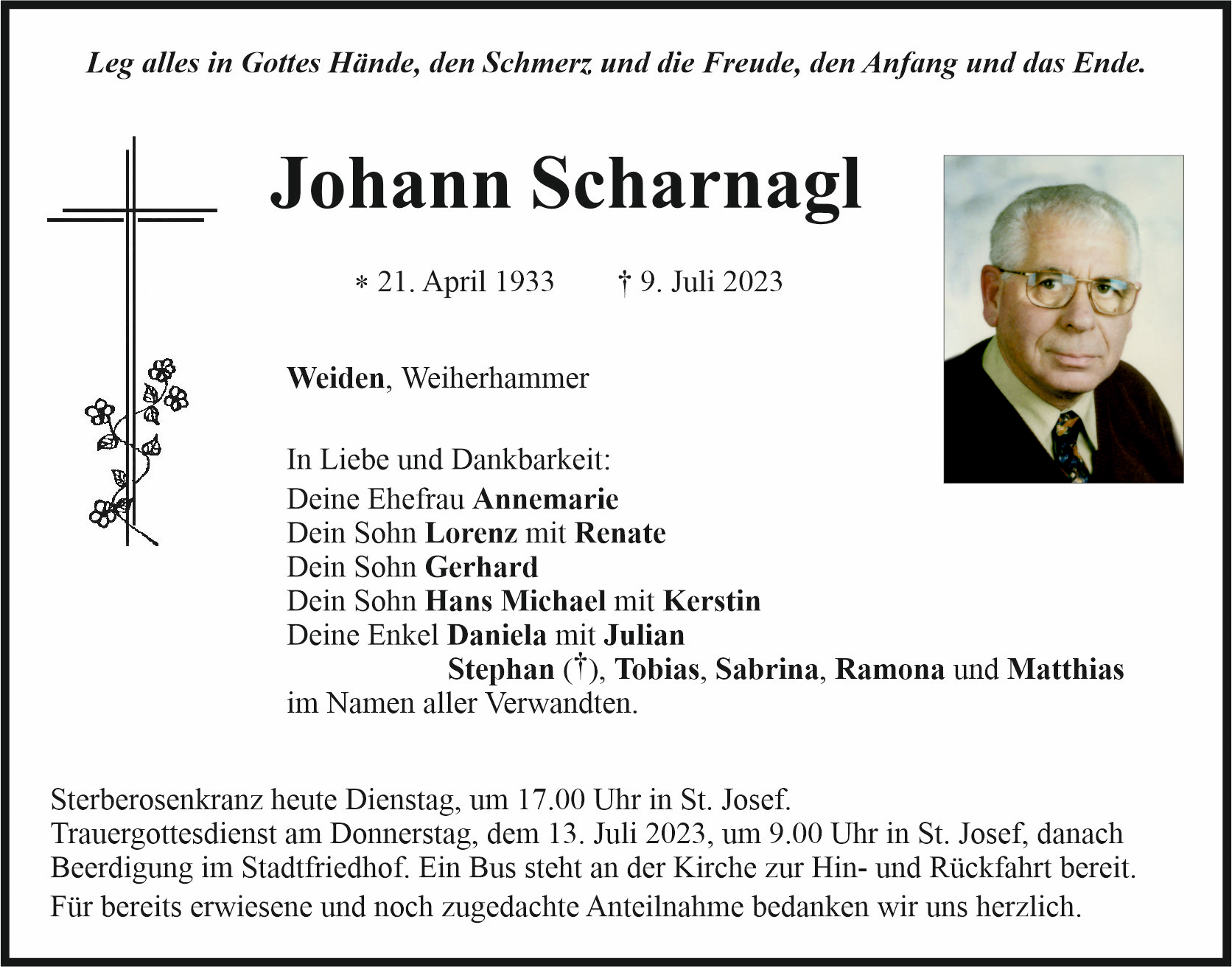 Traueranzeige Johann Scharnagl, Weiden