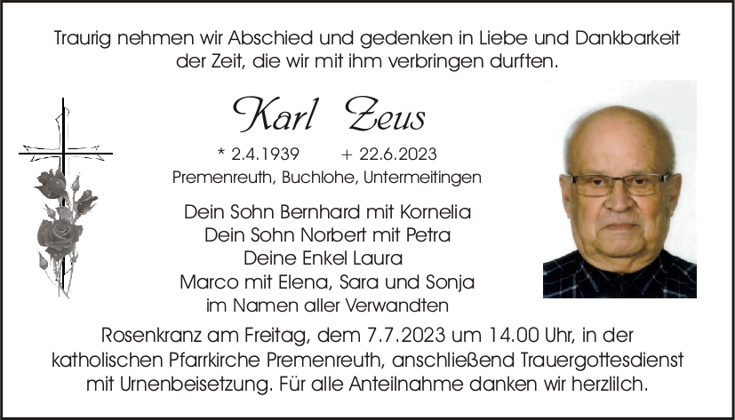 Traueranzeige Karl Zeus, Premenreuth
