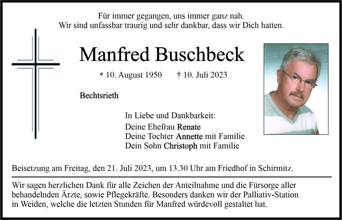 Traueranzeige Manfred Buschbeck, Bechtsrieth