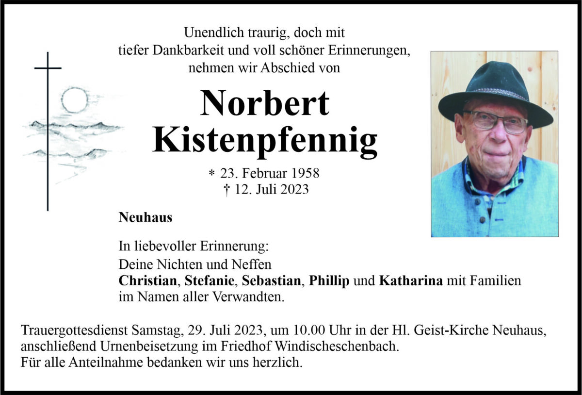 Traueranzeige Norbert Kistenpfenning, Neuhaus