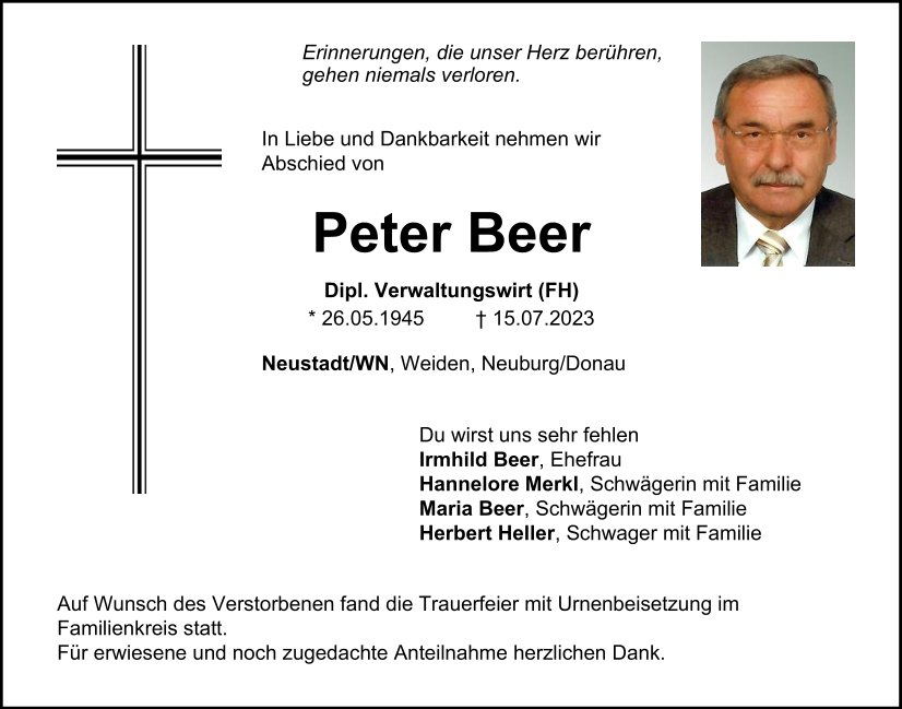 Traueranzeige Peter Beer, Neustadt/WN