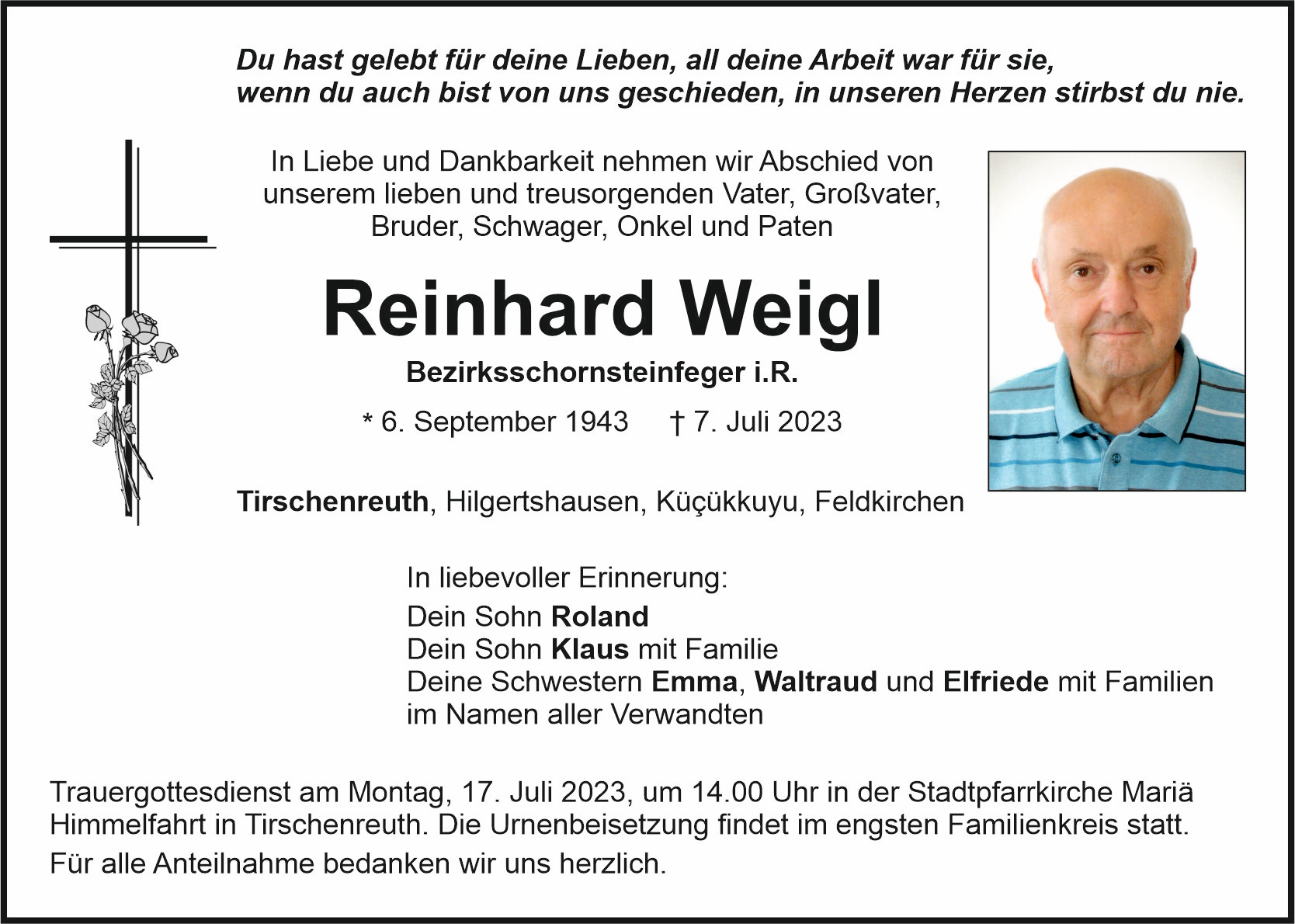 Traueranzeige Reinhard Weigl, Tirschenreuth
