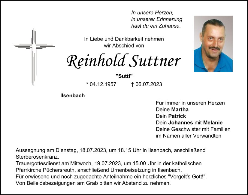Traueranzeige Reinhold Suttner, Ilsenbach