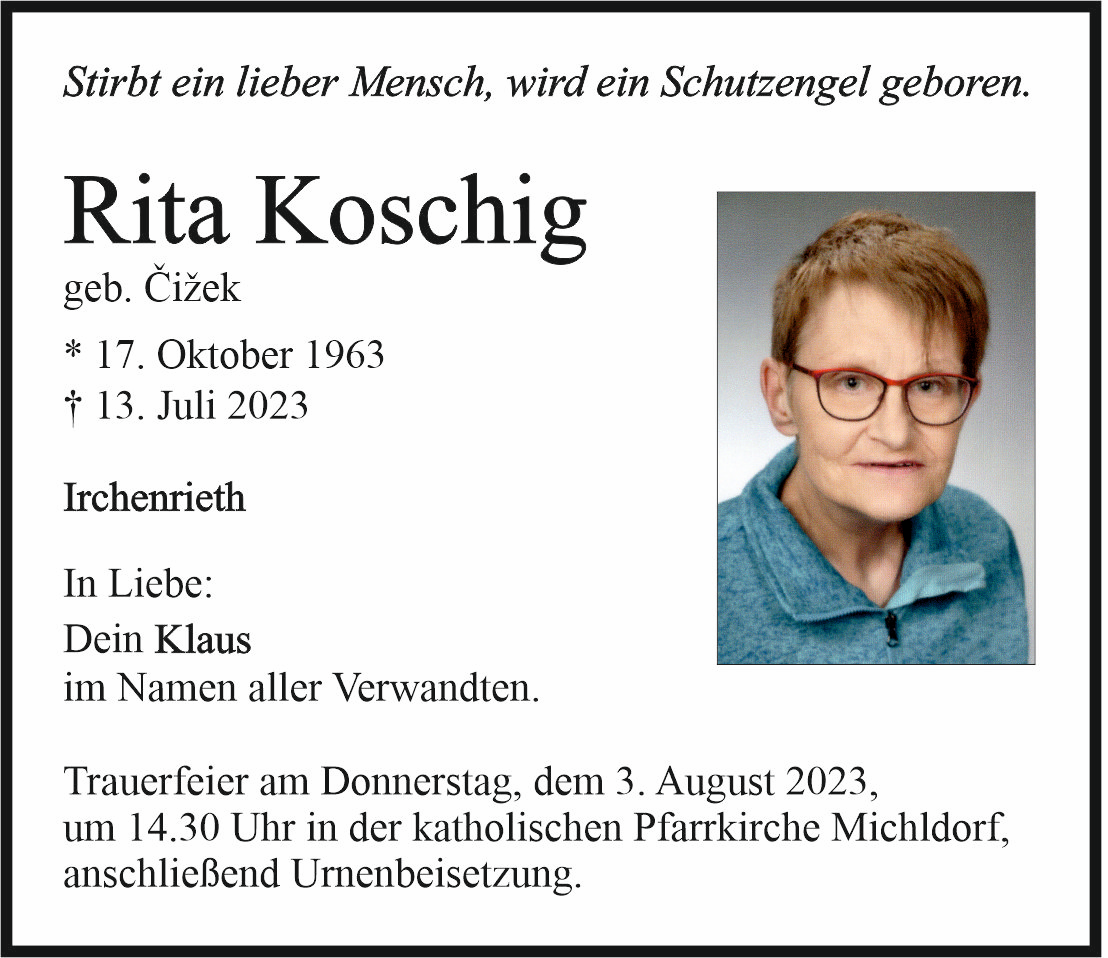 Traueranzeige Rita Koschig, Irchenrieth