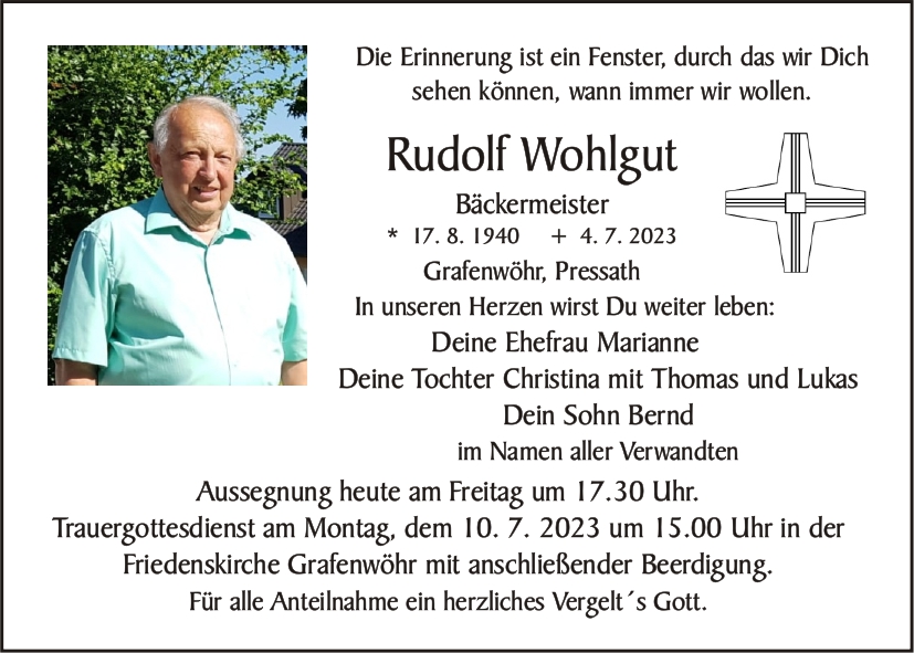 Traueranzeige Rudolf Wohlgut, Grafenwöhr