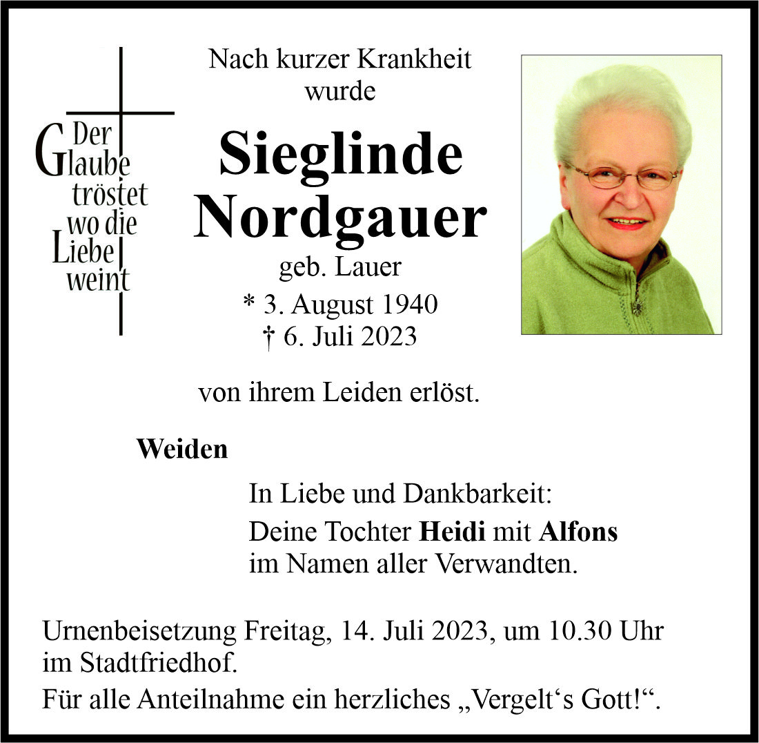 Traueranzeige Sieglinde Nordgauer, Weiden