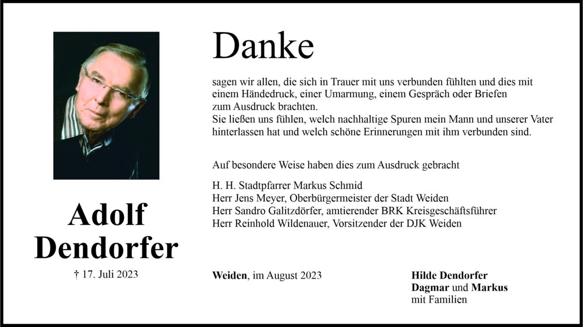 Danksagung Adolf Dendorfer, Weiden