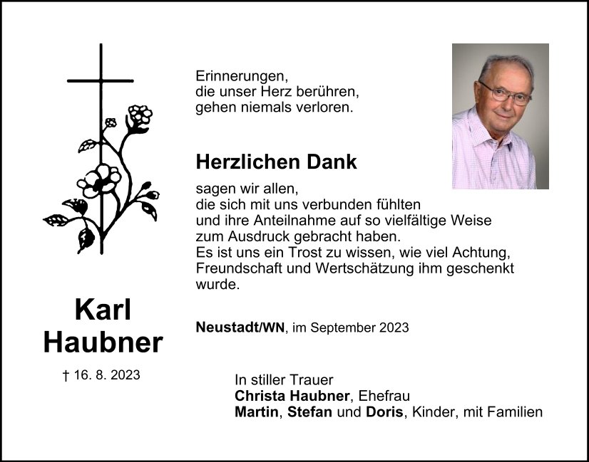 Danksagung Karl Haubner, Neustadt/WN