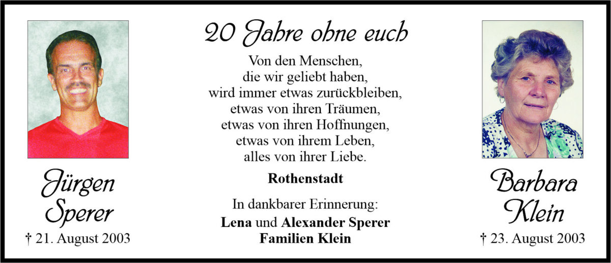 Gedenkanzeige Jürgen Sperer und Barbara Klein, Rothenstadt