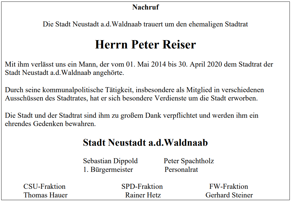 Nachruf Peter Reiser, Neustadt