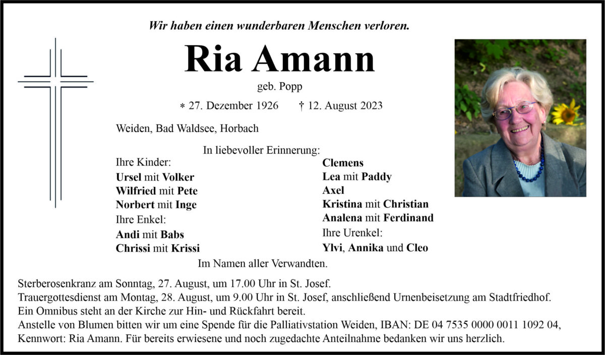 Todesanzeige Ria Amann, Weiden