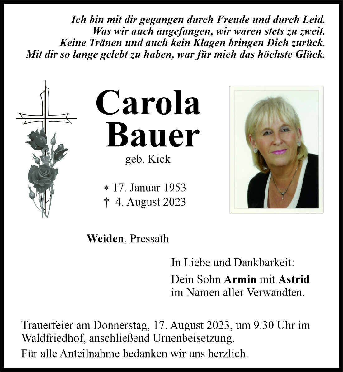 Traueranzeige Carola Bauer, Weiden