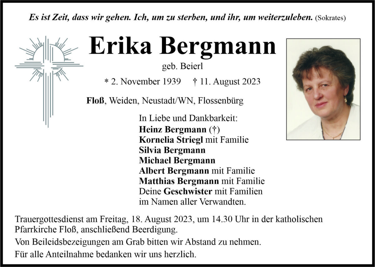 Traueranzeige Erika Bergmann, Floß