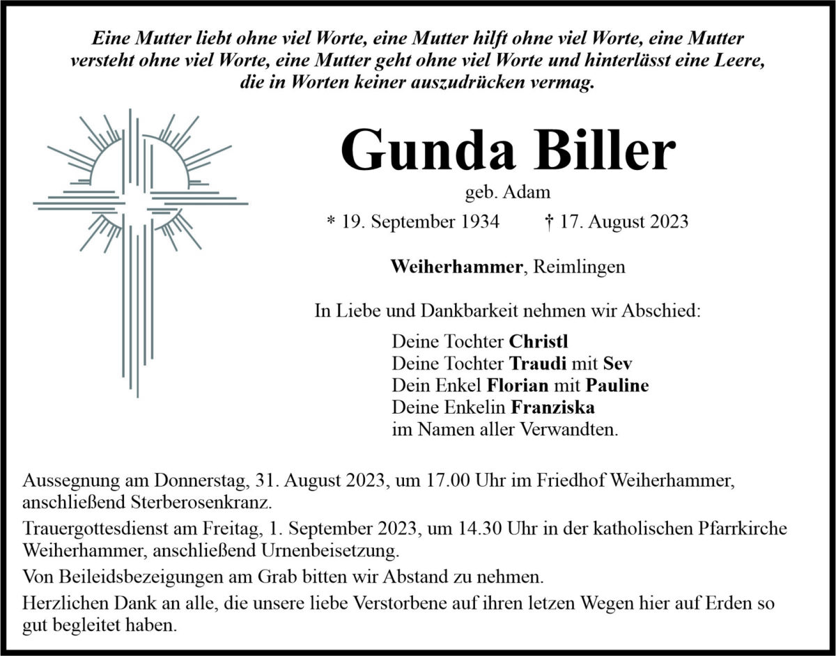 Traueranzeige Gunda Biller, Weiherhammer