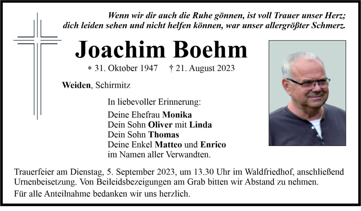 Traueranzeige Joachim Boehm, Weiden