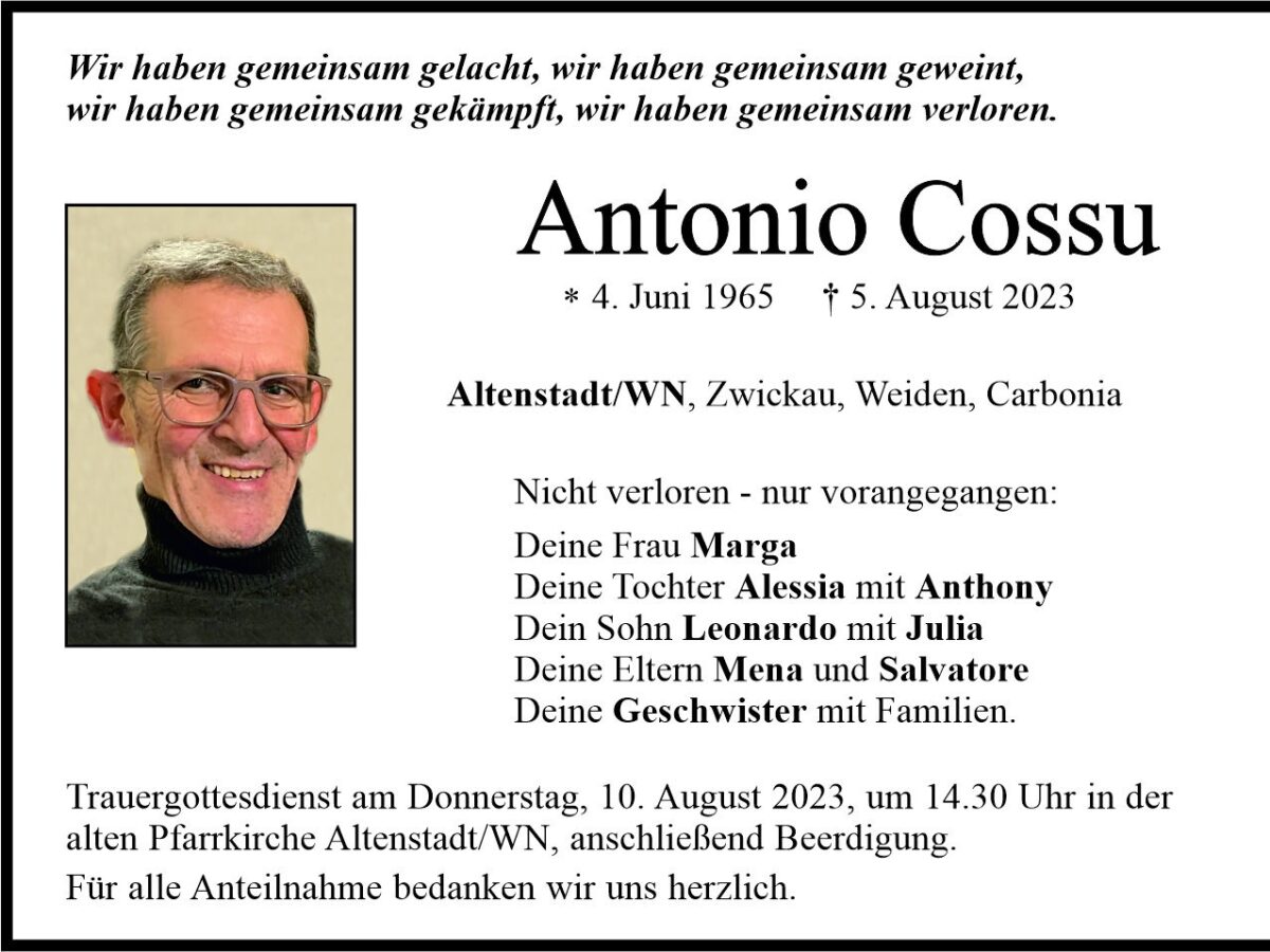 Traueranzeige Antonio Cossu, Altenstadt/WN