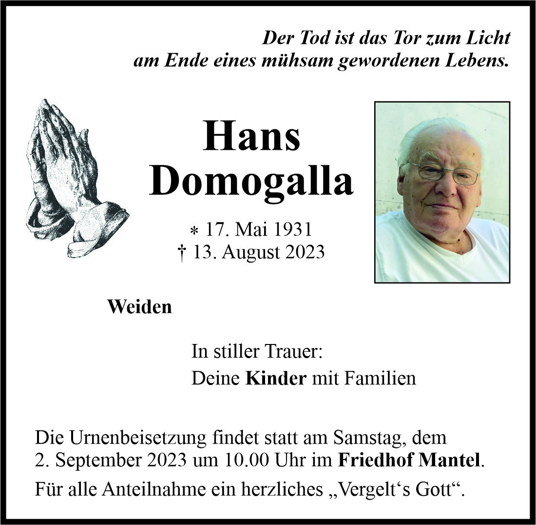 Traueranzeige Hans Domogalla, Weiden
