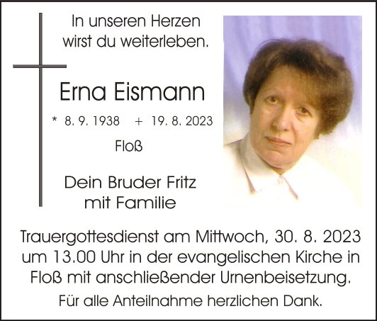Traueranzeige Erna Eismann, Floß