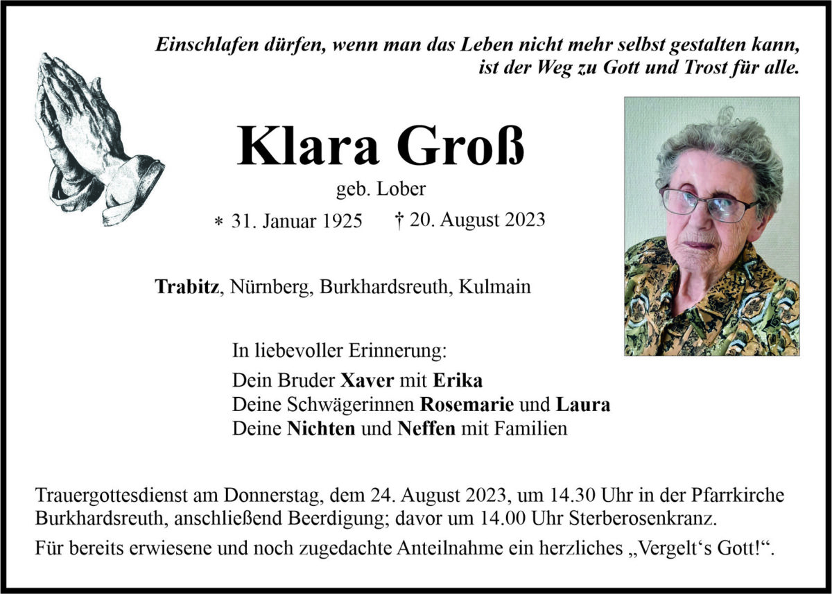 Traueranzeige Klara Groß, Trabitz