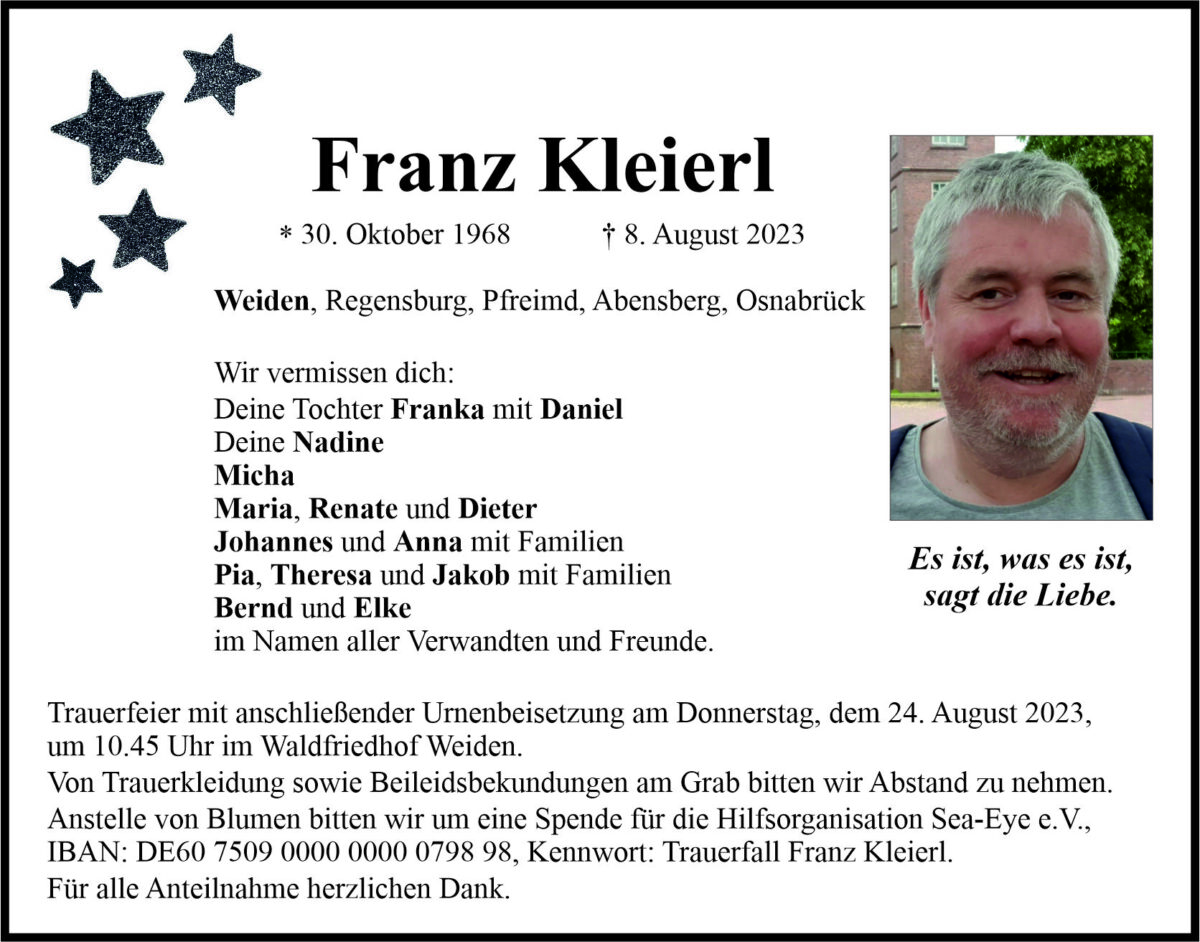 Traueranzeige Franz Kleierl, Weiden
