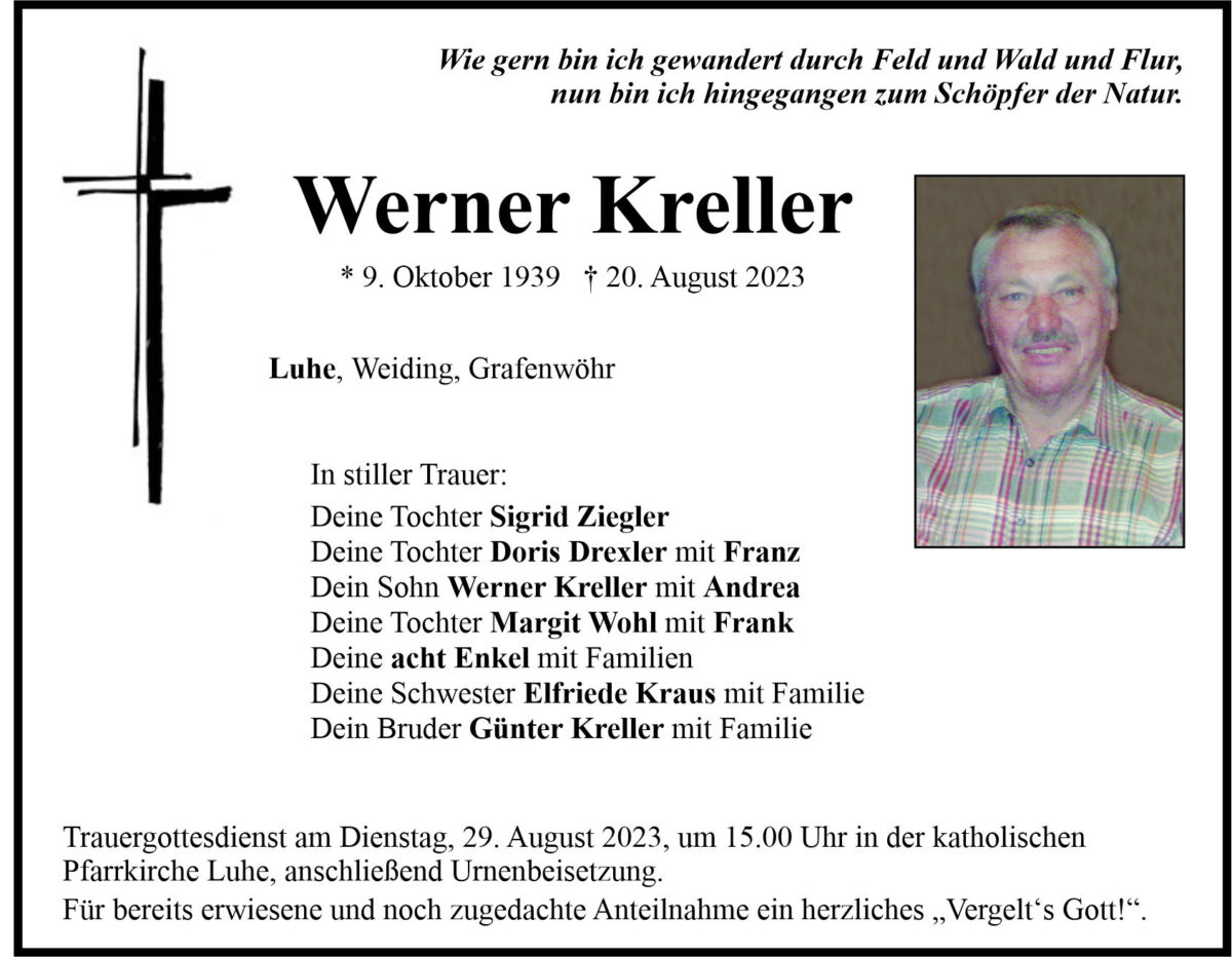 Traueranzeige Werner Kreller, Luhe