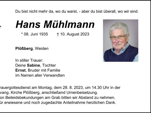 Traueranzeige Hans Mühlmann, Plößberg