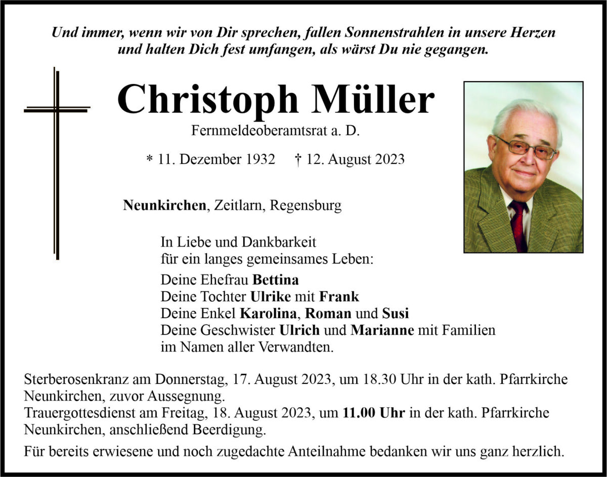 Traueranzeige Christoph Müller, Neunkirchen