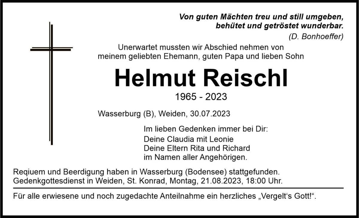 Traueranzeige Helmut Reischl, Wasserburg