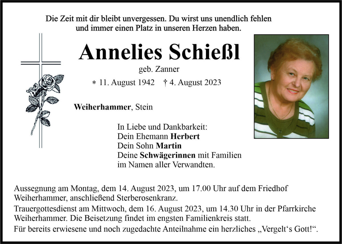 Traueranzeige Annelies Schießl, Weiherhammer