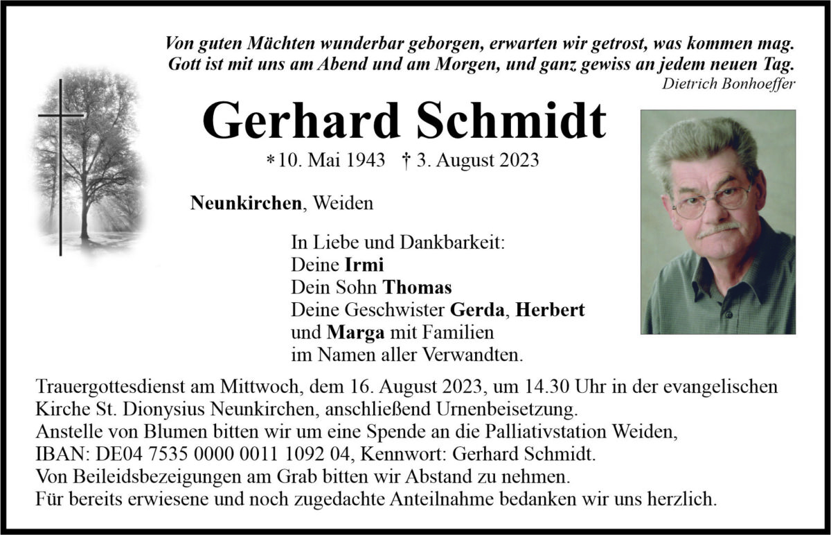 Traueranzeige Gerhard Schmidt, Neunkirchen