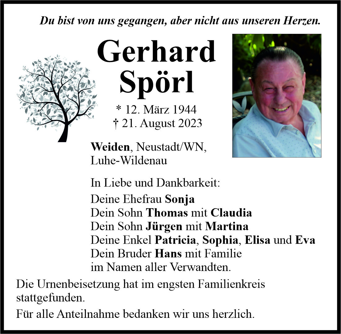 Traueranzeige Gerhard Spörl, Weiden