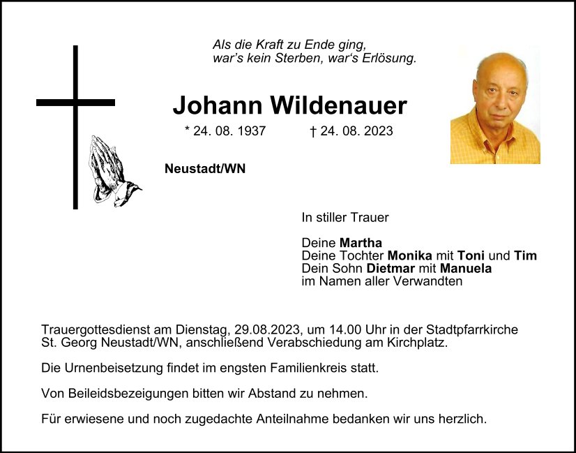 Traueranzeige Johann Wildenauer, Neustadt/WN