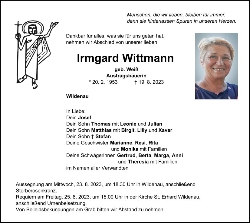 Traueranzeige Irmgard Wittmann, Wildenau